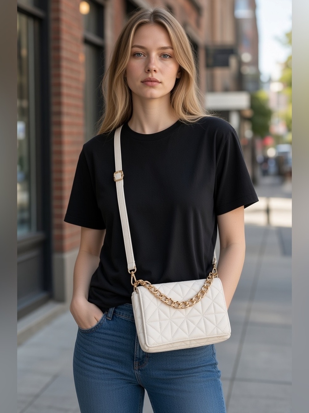 Quilted Crossbody Bag in off White with Gold Chain
